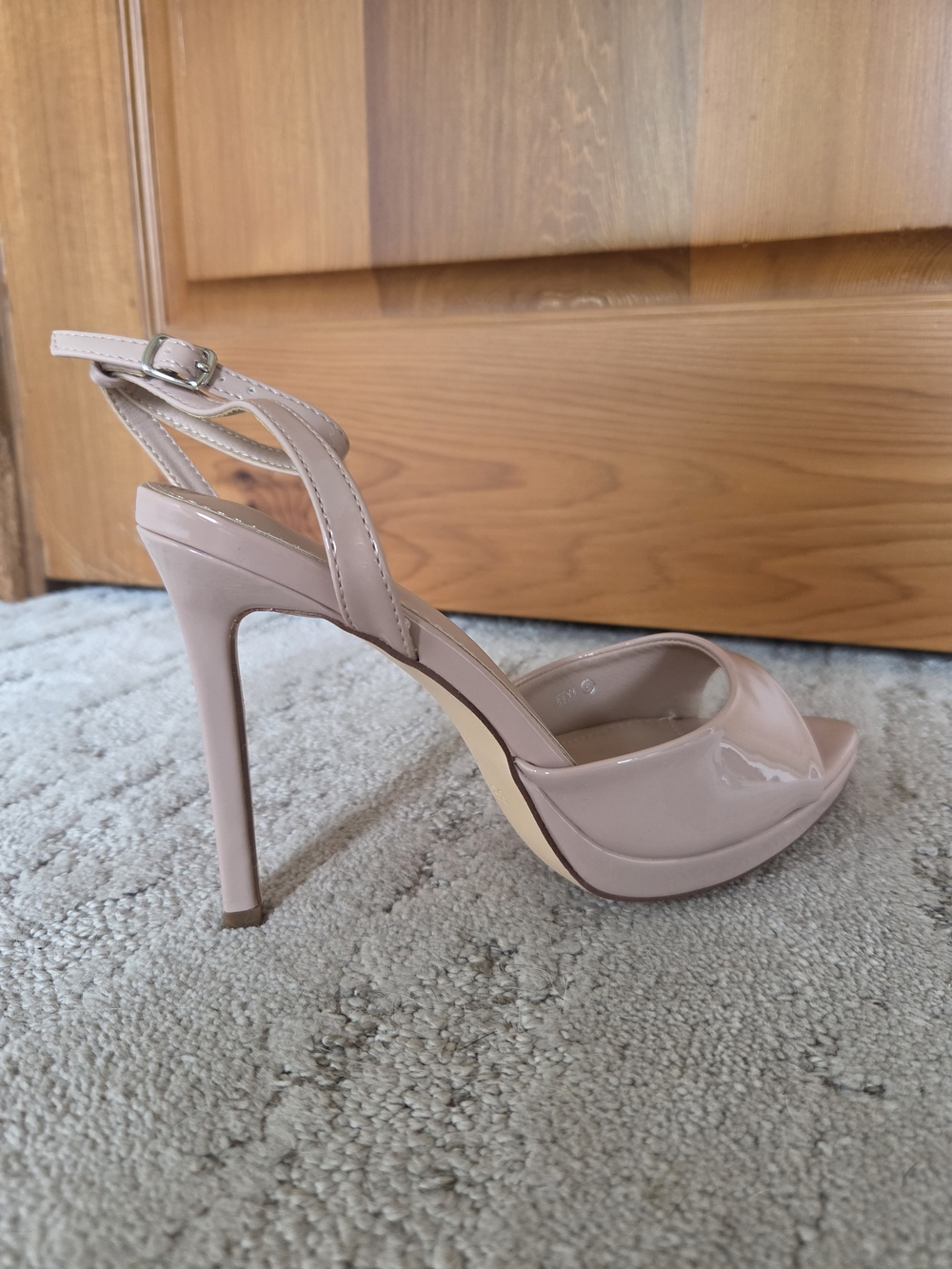 Nude Patent Peep-Toe Stiletto Sandals with Ankle Strap